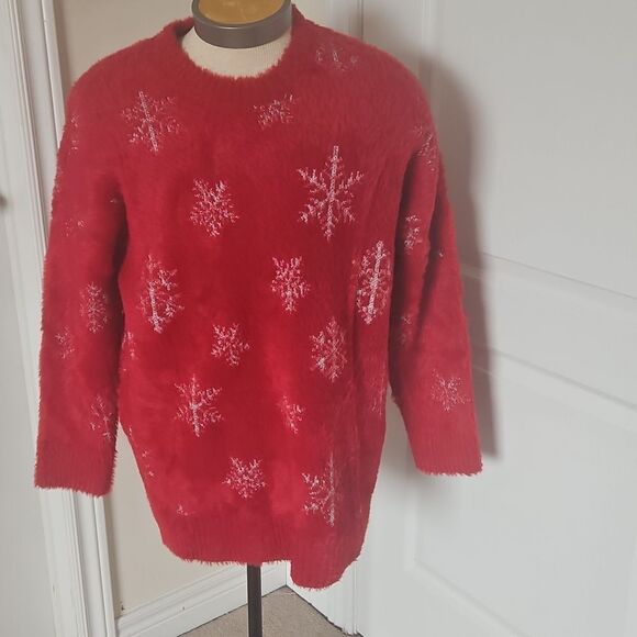Torrid Eyelash Lurex Crew Pullover Sweater With Snowflake Red & Silver 1X 14-16 - Picture 2 of 16